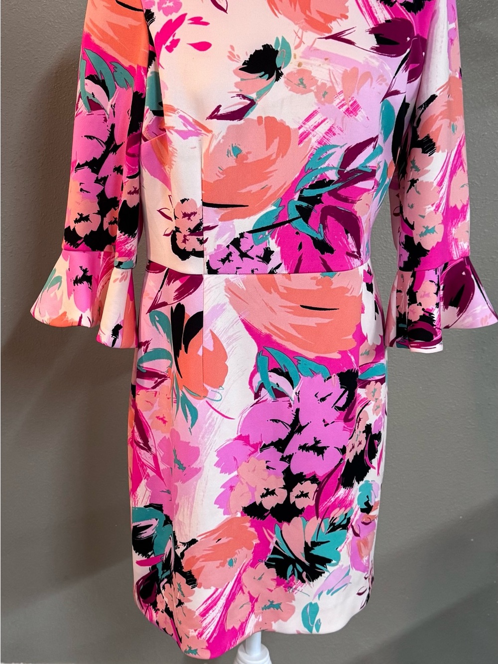 Nine West Pink Multi Floral Bell-Sleeve Midi Dress